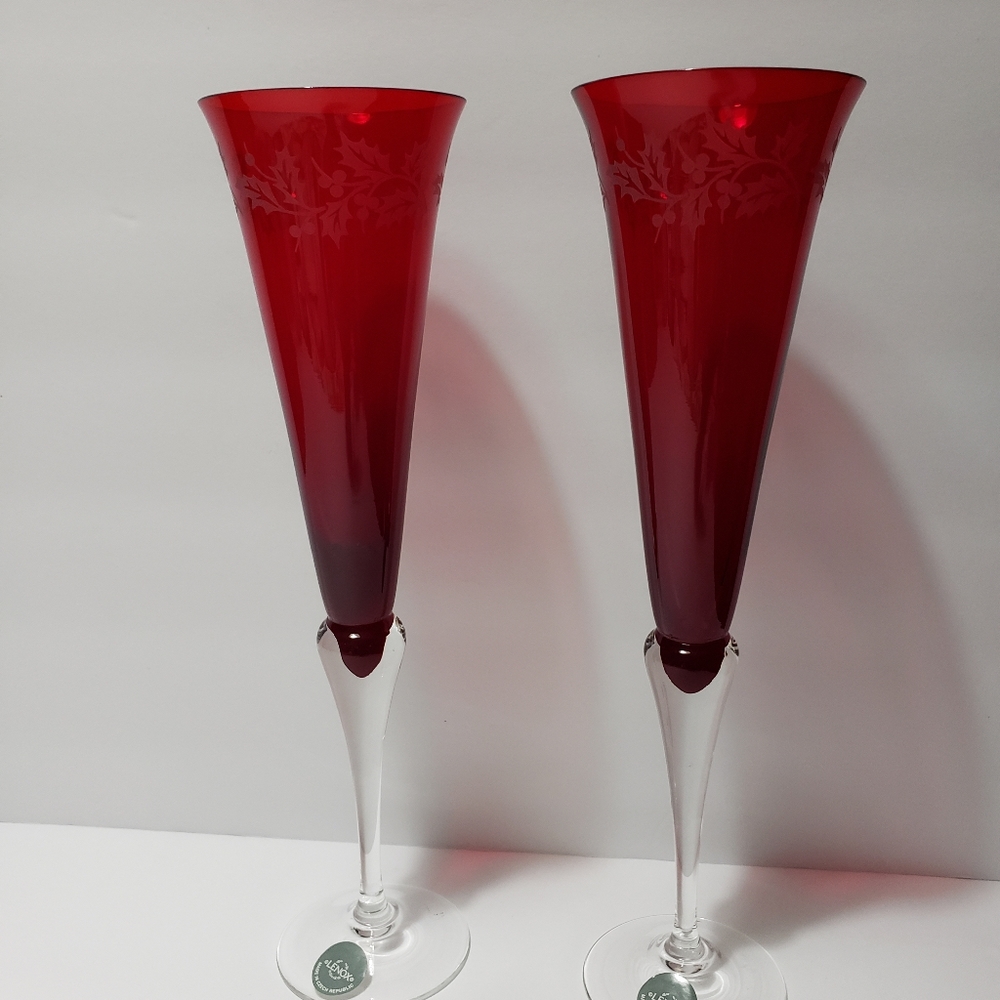 Vintage 1998 Set of 2 LENOX Holiday Gems "Ruby"  Fluted Champagne